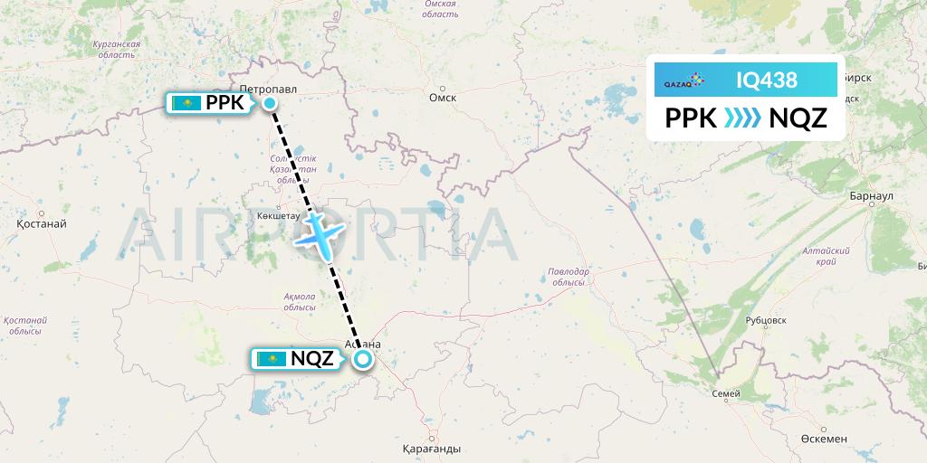 IQ438 Qazaq Air Flight Map: Petropavlosk to Astana
