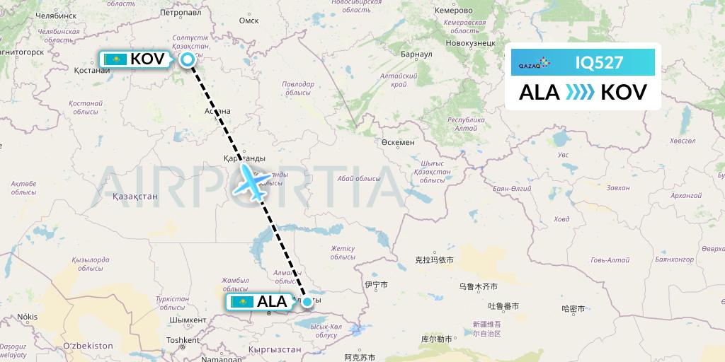 IQ527 Qazaq Air Flight Map: Almaty to Kokshetau