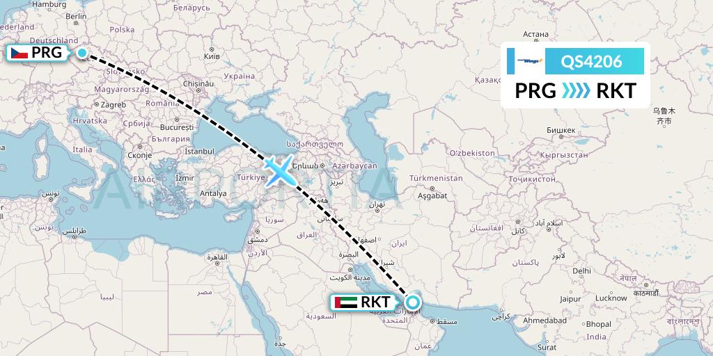 QS4206 Smartwings Flight Map: Prague to Ra'sal-Khaymah
