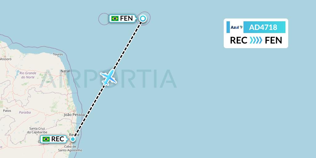 AD4718 Azul Brazilian Airlines Flight Map: Recife to Fernando De Noronha