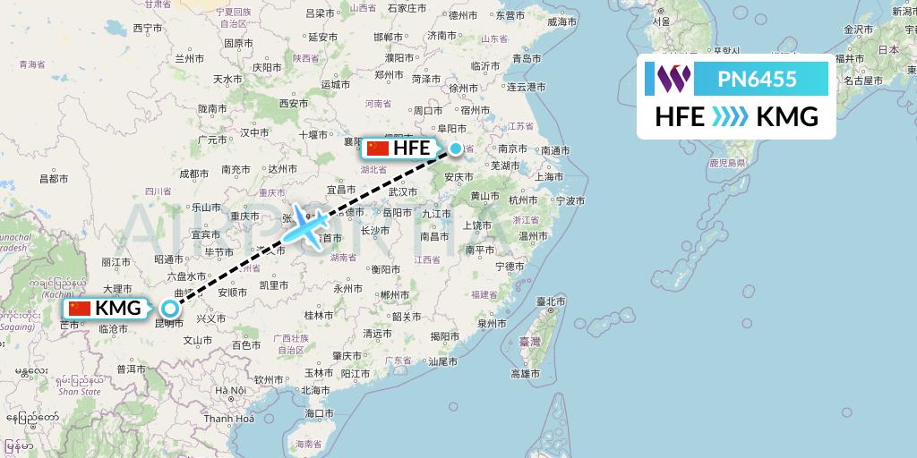 PN6455 China West Air Flight Map: Hefei to Kunming