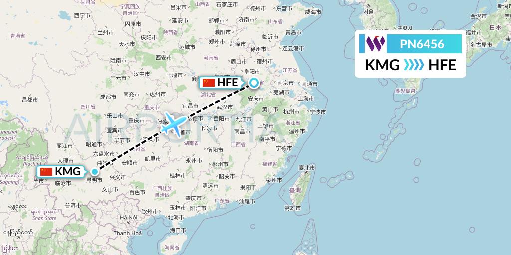 PN6456 China West Air Flight Map: Kunming to Hefei