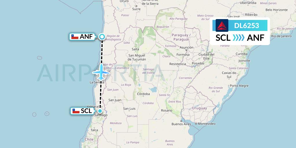 DL6253 Delta Air Lines Flight Map: Santiago to Antofagasta