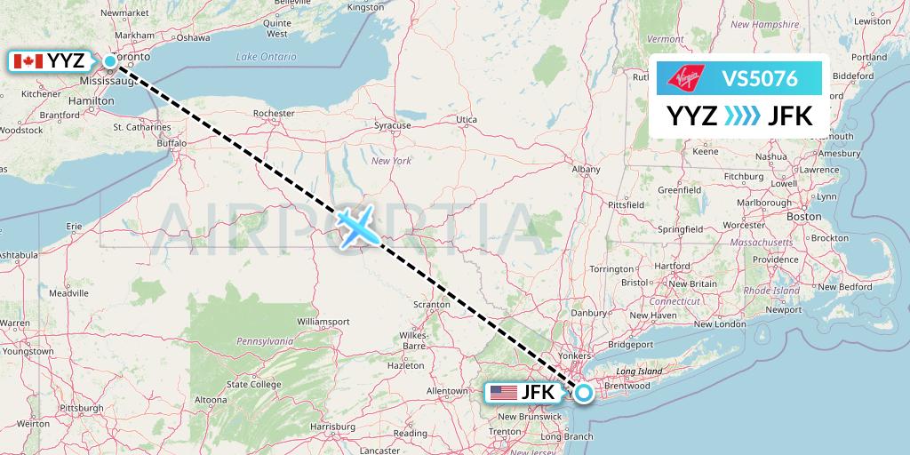 VS5076 Virgin Atlantic Airways Flight Map: Toronto to New York