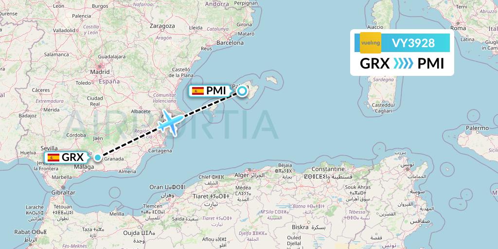 VY3928 Vueling Flight Map: Granada to Palma de Mallorca