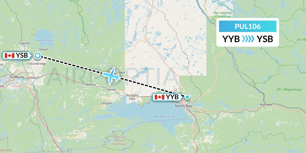 PUL106 Ornge Air Flight Map: North Bay to Sudbury