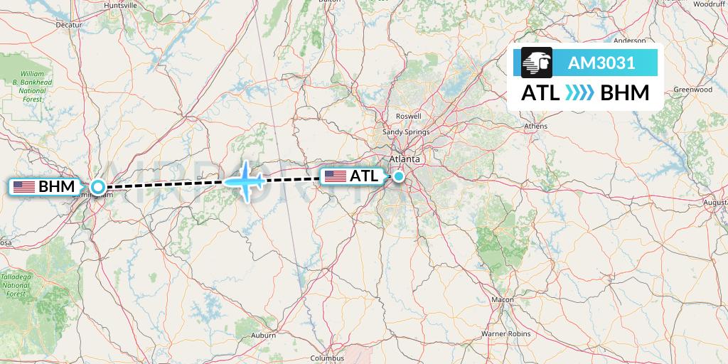 AM3031 Aeromexico Flight Map: Atlanta to Birmingham