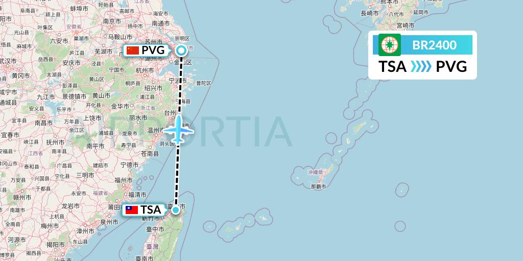 BR2400 EVA Air Flight Map: Taipei to Shanghai
