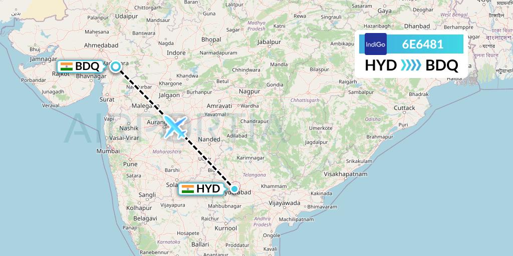 6E6481 IndiGo Airlines Flight Map: Hyderabad to Vadodara