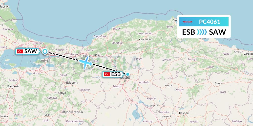 PC4061 Pegasus Airlines Flight Map: Ankara to Istanbul