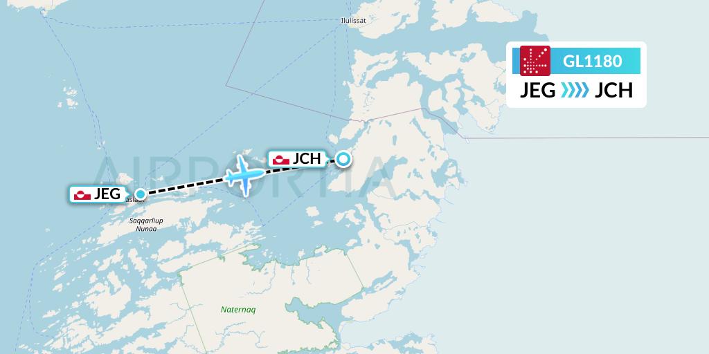 GL1180 Air Greenland Flight Map: Aasiaat to Qasigiannguit