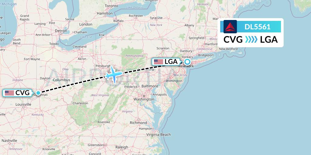 DL5561 Delta Air Lines Flight Map: Cincinnati to New York