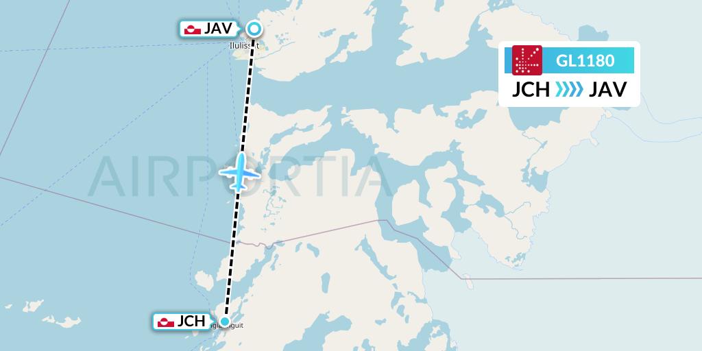 GL1180 Air Greenland Flight Map: Qasigiannguit to Ilulissat
