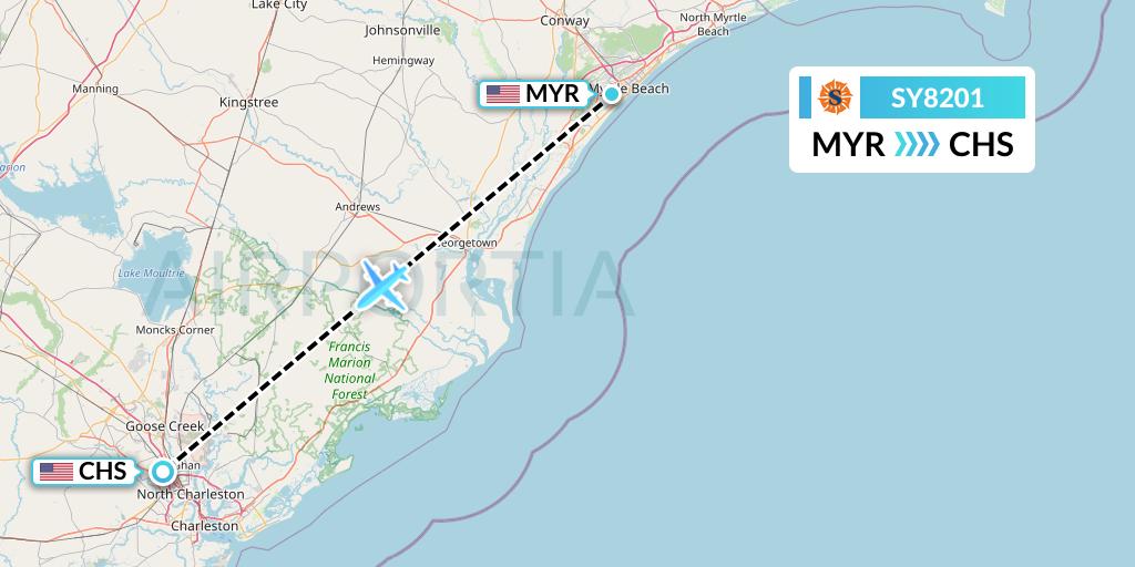 SY8201 Sun Country Airlines Flight Map: Myrtle Beach to Charleston