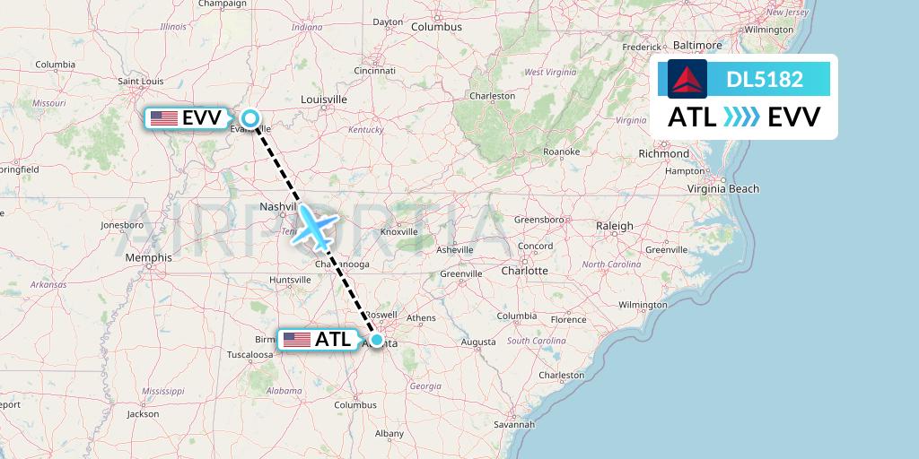 DL5182 Delta Air Lines Flight Map: Atlanta to Evansville