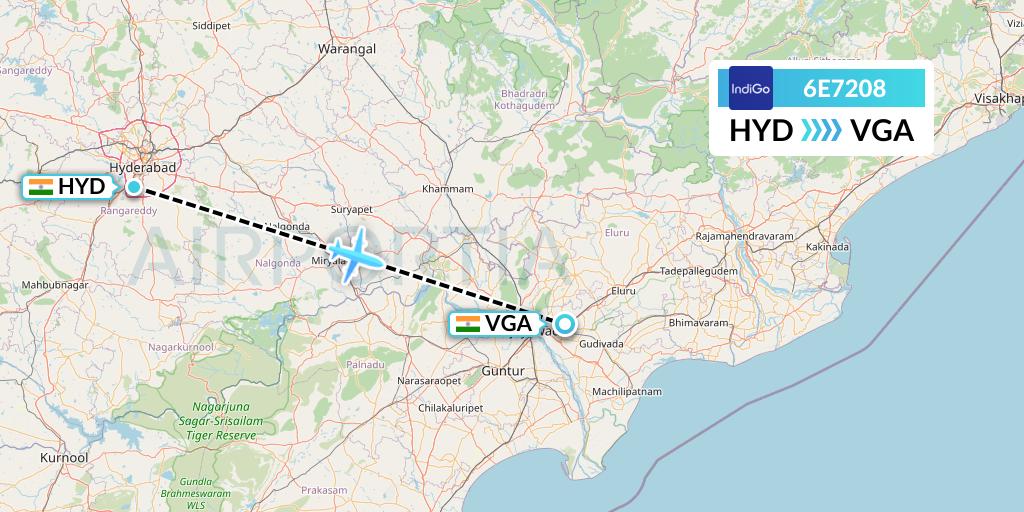6E7208 IndiGo Airlines Flight Map: Hyderabad to Vijayawada