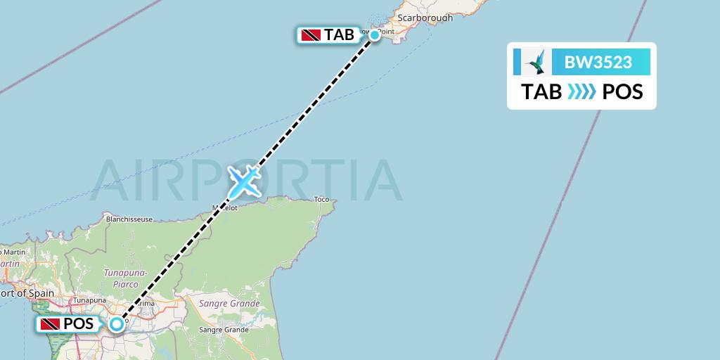 BW3523 Caribbean Airlines Flight Map: Scarborough to Port of Spain