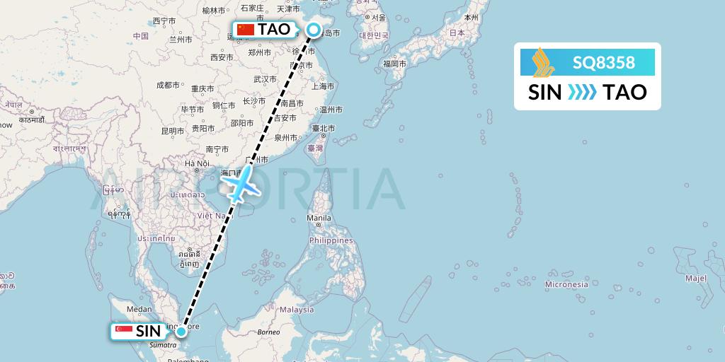 SQ8358 Singapore Airlines Flight Map: Singapore to Qingdao