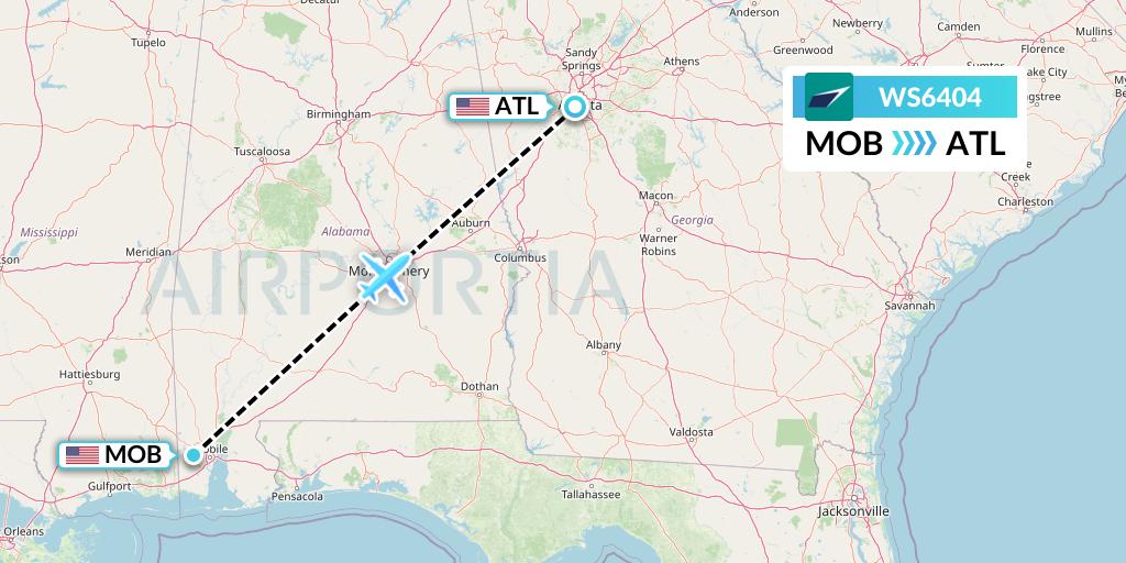 WS6404 WestJet Flight Map: Mobile to Atlanta