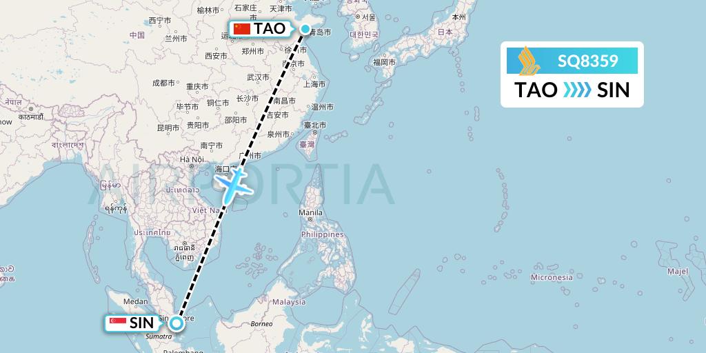 SQ8359 Singapore Airlines Flight Map: Qingdao to Singapore