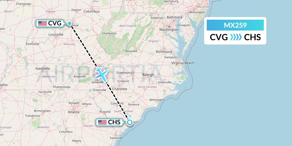 MX259 Breeze Airways Flight Map: Cincinnati to Charleston