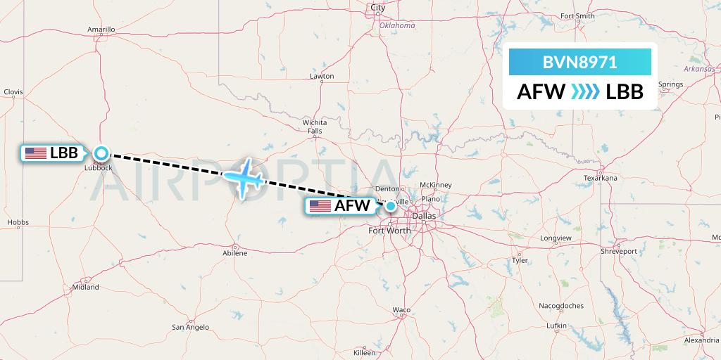BVN8971 Baron Aviation Services Flight Map: Fort Worth to Lubbock