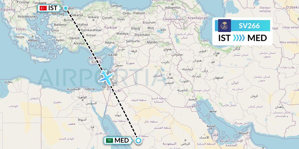 SV266 Saudi Arabian Airlines Flight Map: Istanbul to Medina