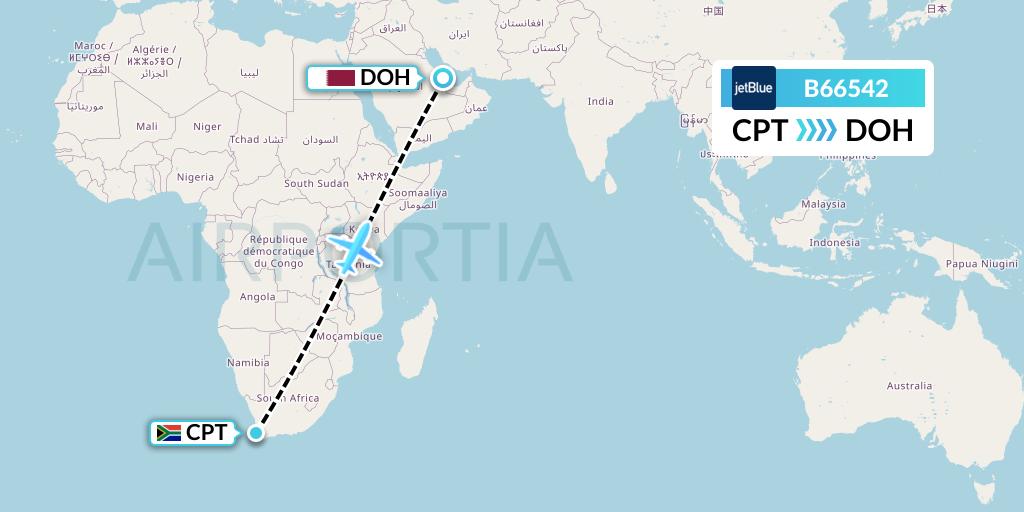 B66542 JetBlue Airways Flight Map: Cape Town to Doha