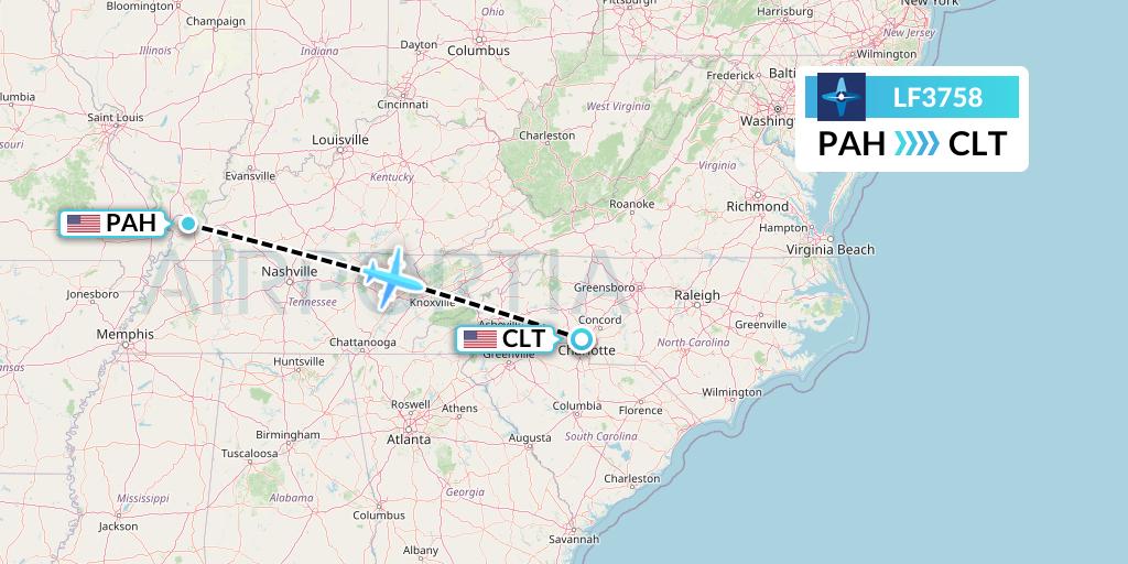 LF3758 Corporate Flight Management Flight Map: Paducah to Charlotte