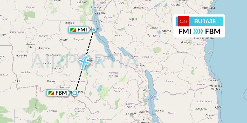 BU1638 flyCAA Flight Map: Congo to Lubumbashi