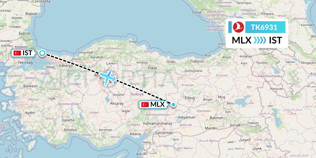 TK6931 Turkish Airlines Flight Map: Malatya to Istanbul