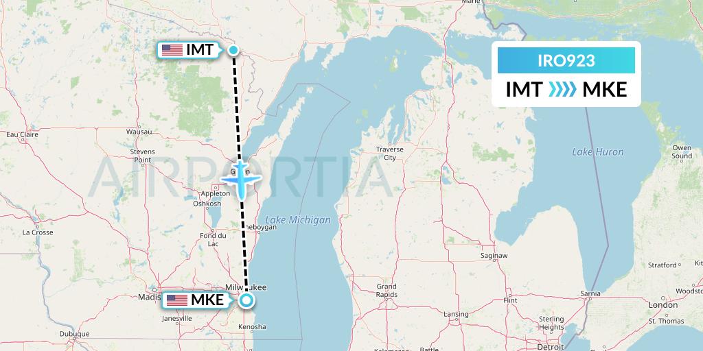IRO923 CSA Air Flight Map: Iron Mountain Kingsford to Milwaukee