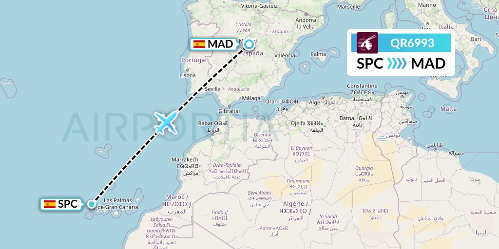 QR6993 Qatar Airways Flight Map: La Palma to Madrid