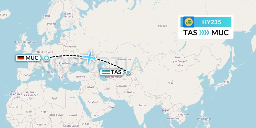 HY235 Uzbekistan Airways Flight Map: Tashkent to Munich