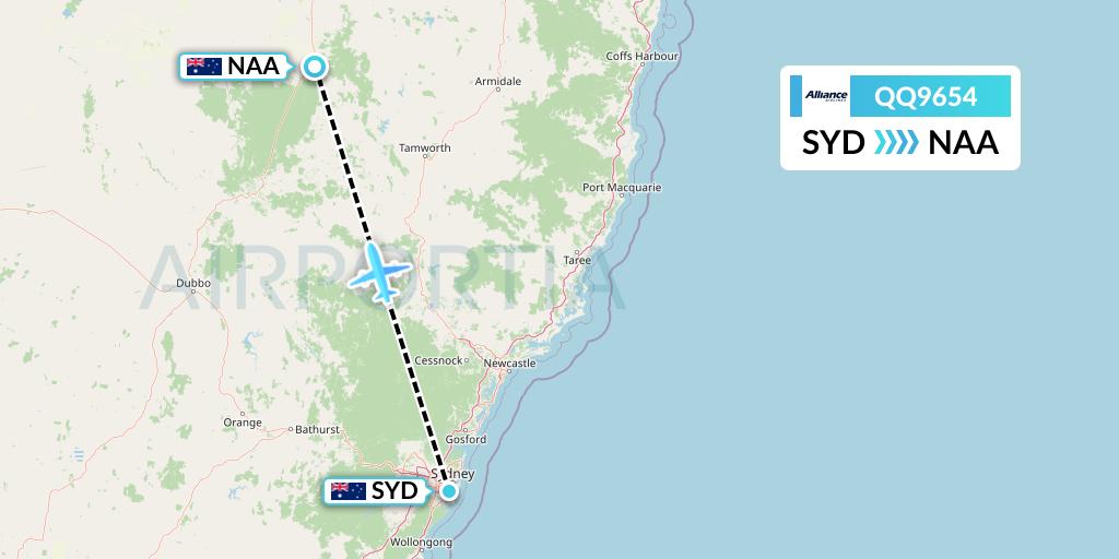 QQ9654 Alliance Airlines Flight Map: Sydney to Narrabri