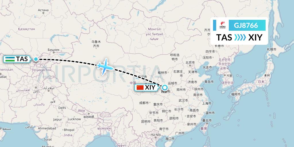 GJ8766 Loong Airlines Flight Map: Tashkent to Xi'an