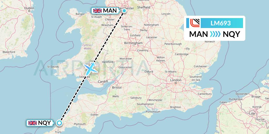 LM693 Loganair Flight Map: Manchester to Newquay