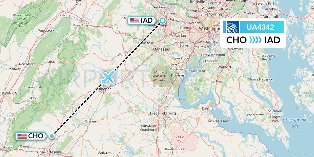 UA4342 United Airlines Flight Map: Charlottesville to Washington