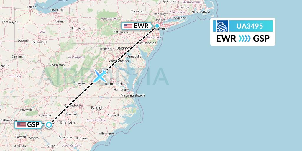 UA3495 United Airlines Flight Map: New York to Greenville-Spartanburg