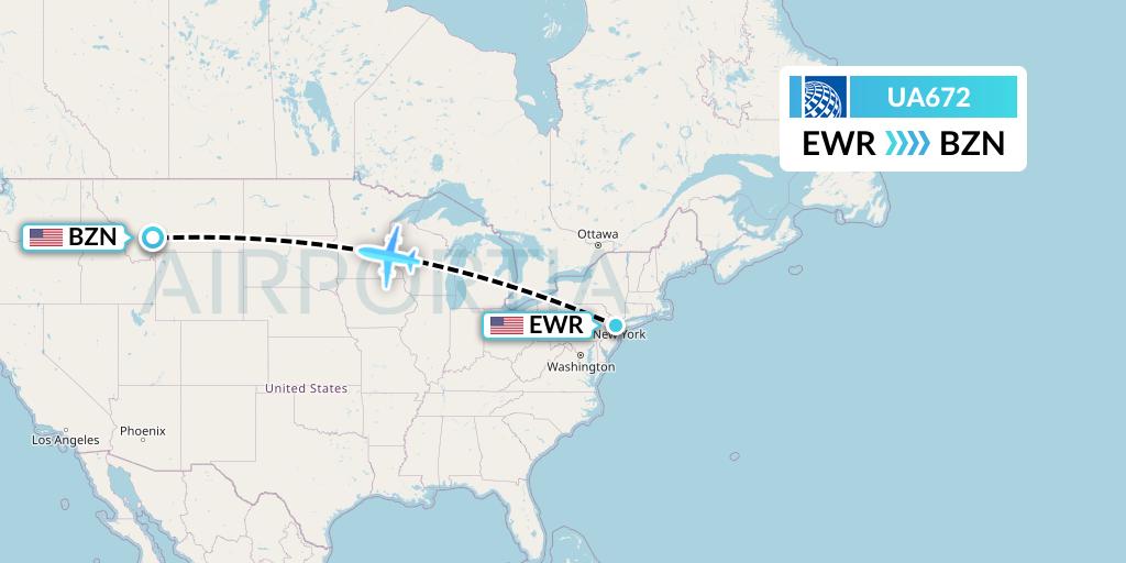 UA672 United Airlines Flight Map: New York to Bozeman