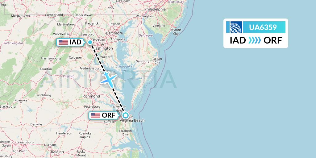 UA6359 United Airlines Flight Map: Washington to Norfolk