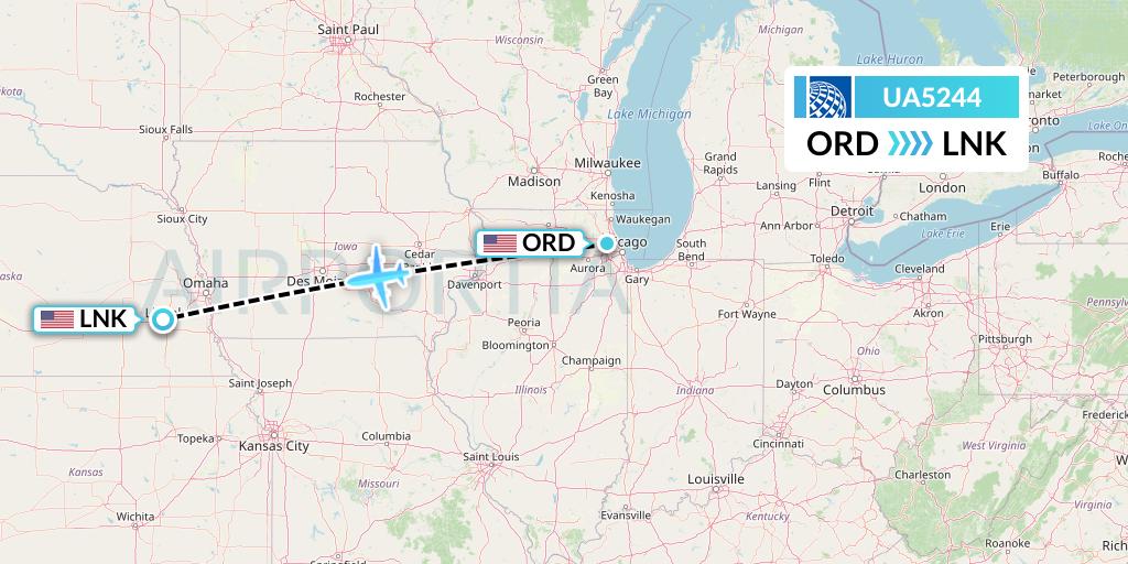 UA5244 United Airlines Flight Map: Chicago to Lincoln