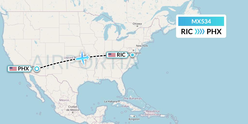 MX534 Breeze Airways Flight Map: Richmond to Phoenix