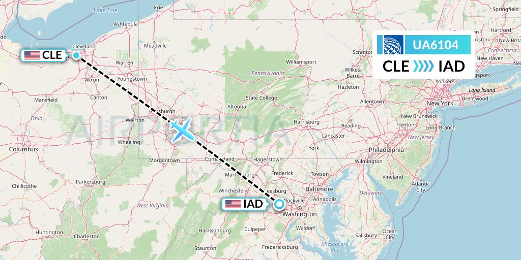 UA6104 United Airlines Flight Map: Cleveland to Washington