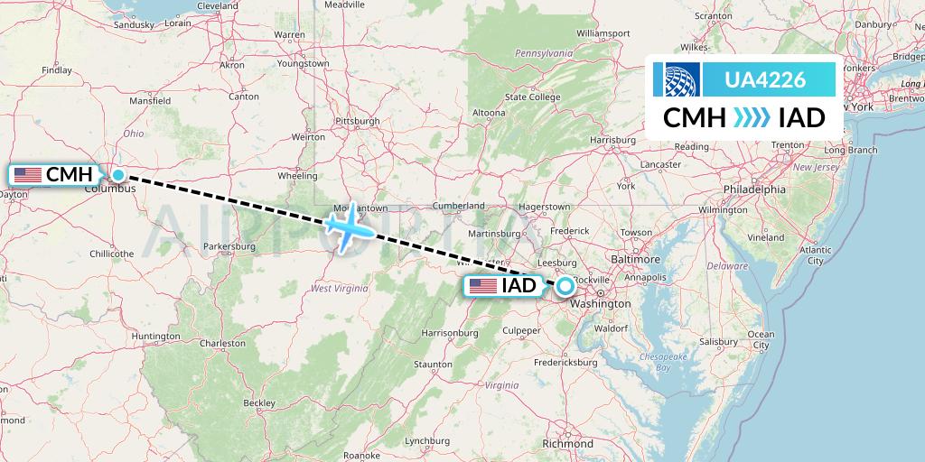 UA4226 United Airlines Flight Map: Columbus to Washington