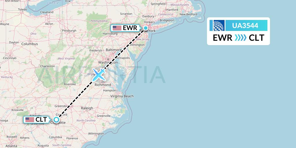 UA3544 United Airlines Flight Map: New York to Charlotte