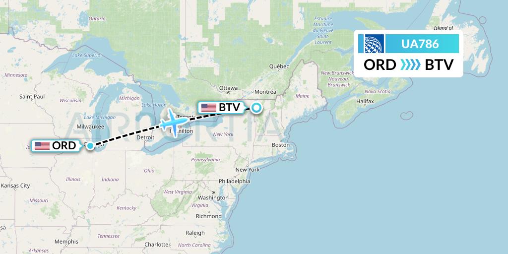UA786 United Airlines Flight Map: Chicago to Burlington