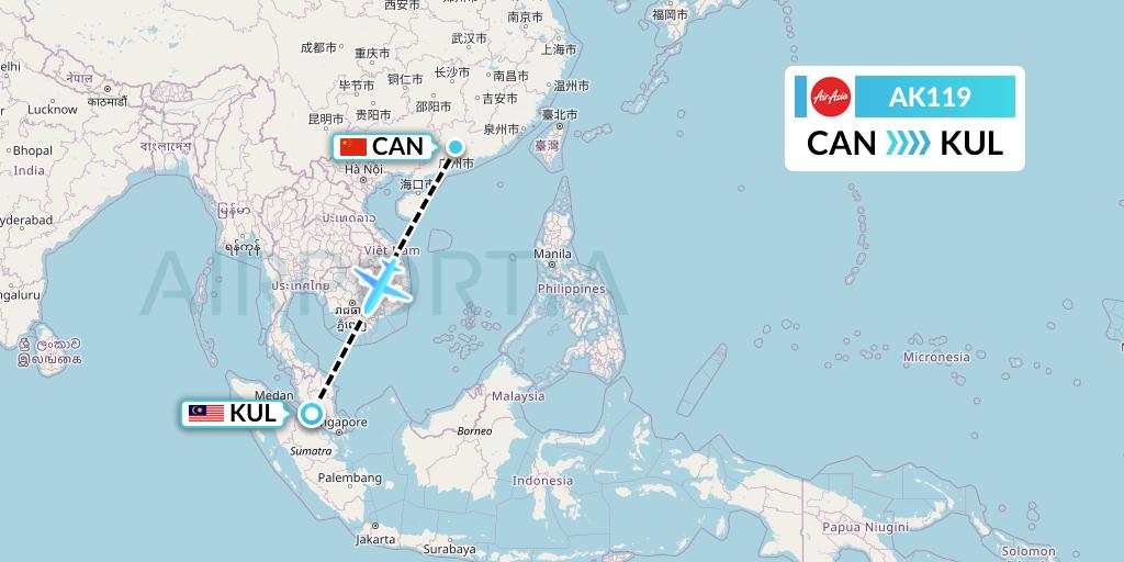 AK119 AirAsia Flight Map: Guangzhou to Kuala Lumpur