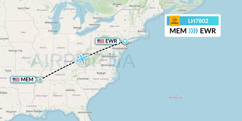 LH7802 Lufthansa Flight Map: Memphis to New York
