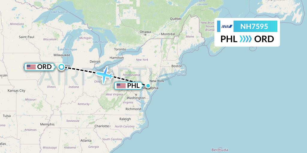 NH7595 All Nippon Airways Flight Map: Philadelphia to Chicago